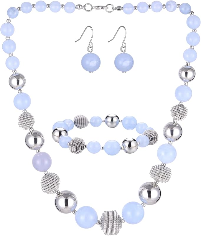 PEARL&CLUB Conjunto de collar, aretes y pulsera con cuentas gruesas y cuentas de metal plateado, conjunto de joyería de moda, regalos para el día de la madre para mujeres
