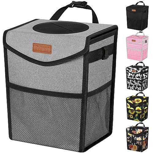 Pritent Car Trash Can with Lid, Cute Leakproof Car Trash Garbage Bag Hanging Vehicle Trash Bin Small Portable Automotive Garbage Cans Organizer for Back/Front Seat/Console(2.8 Gallons,Grey) by Pritent - Used condition - US$17.60