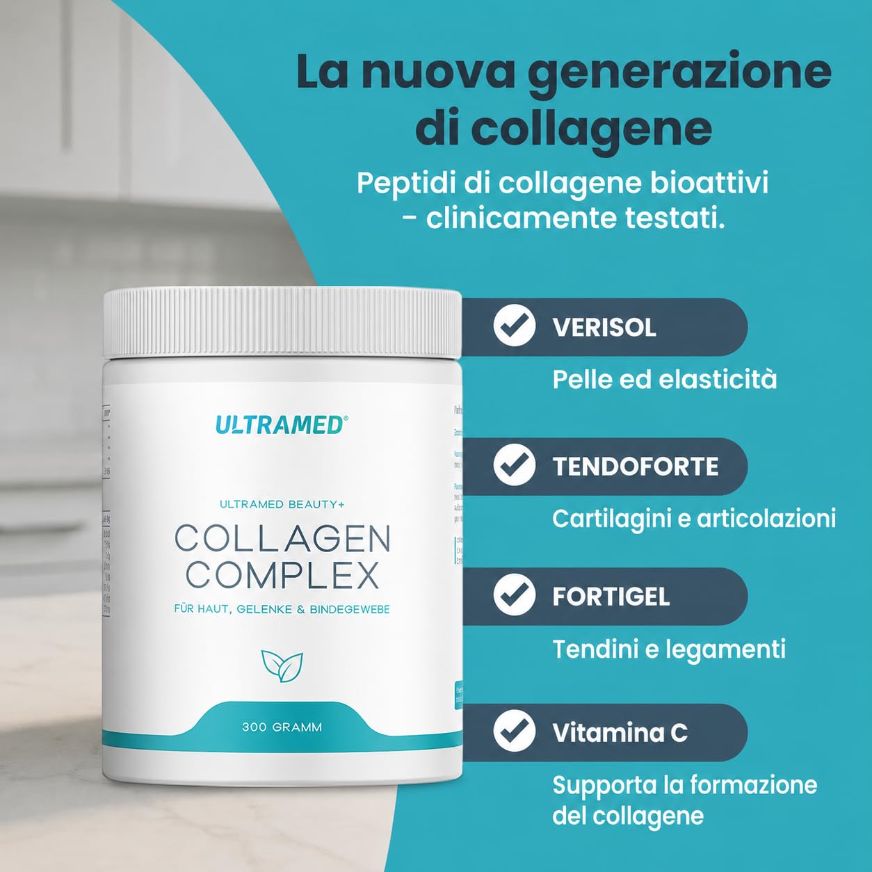 UltraMed - Polvere di collagene bioattiva premium composta da VERISOL®, TENDOFORTE® & FORTIGEL® + vitamina C | 300 g | peptidi di marca per pelle, tessuto connettivo e mobilità | Qualità testata in
