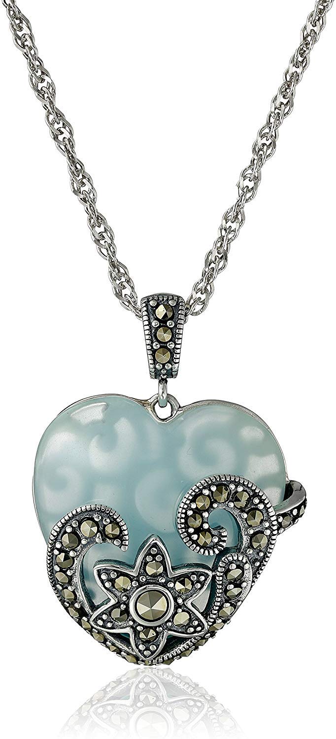 Amazon Collection Sterling Silver, Oxidized Marcasite, and Gemstone Colored Glass Heart Pendant Necklace, 18"