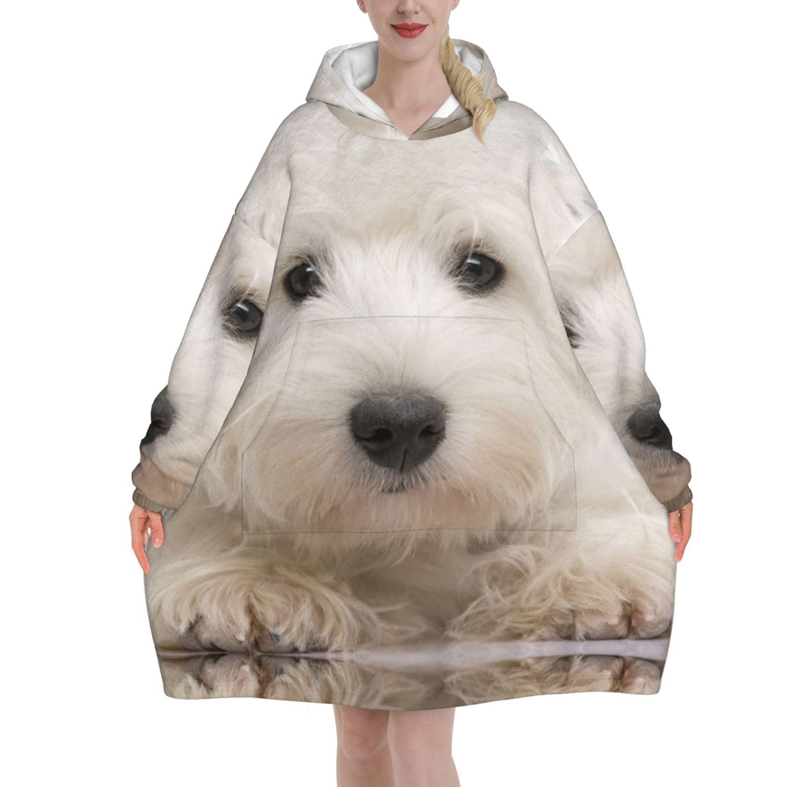 Poadnly Unisex As Picture Cute Westie Puppy,Women's Oversized Wearable Blanket Hoodie, Blanket Sweatshirt,Flannel Pullover Blanket