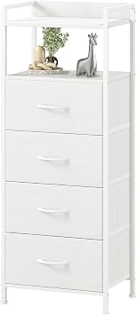 Somdot Tall Chest of Drawers for Bedroom with 4 Drawers, Storage Unit with Fabric Drawers for Closet Bedside Dorm Kids Nursery Laundry Living Room Entryway Hallway, White Leather