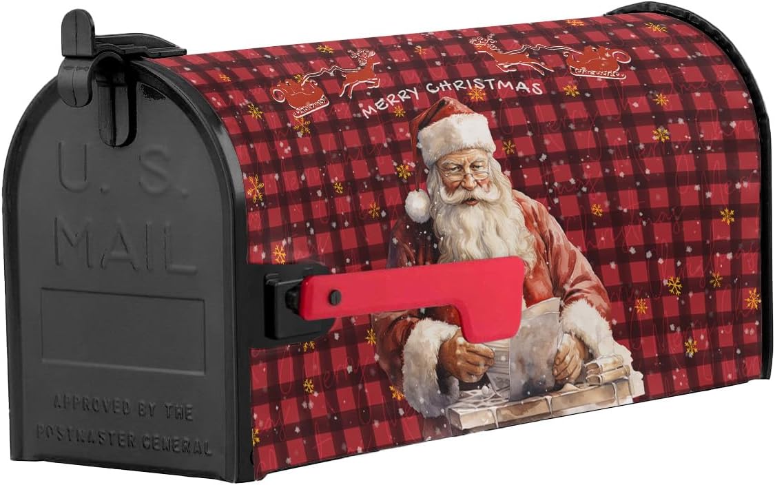 Plaid Santa Claus Mailbox Covers Magnetic Standard Size,Decorative Post Letter Numbers Box Wrap Decoration Covers Small Accessories for Garden Yard Outdoor Décor,Vintage Christmas Snowflake Newspaper