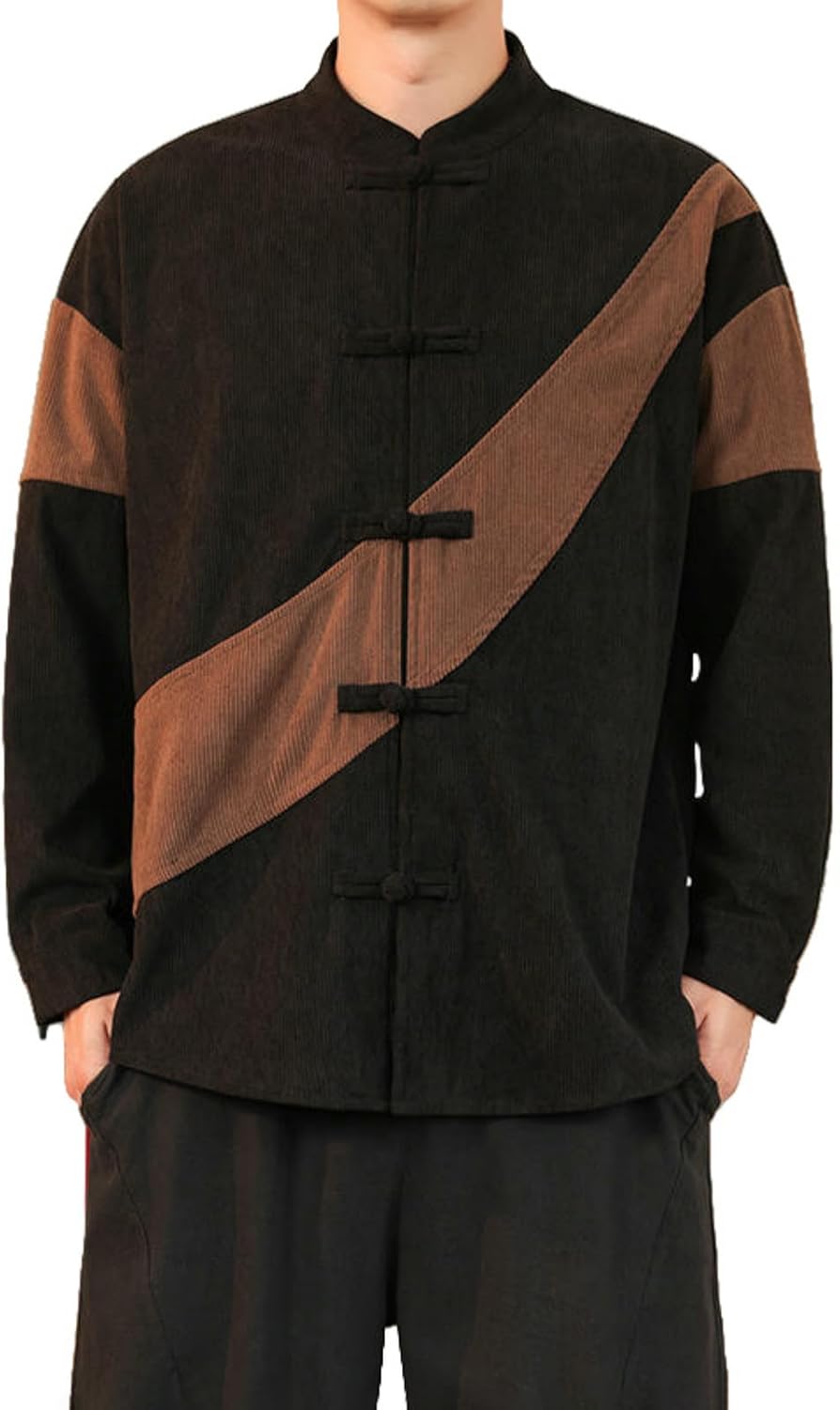 Men's Cotton Long Sleeve Patchwork Zhongshan Jacket Frog Button Chinese Style Retro Casual Wear