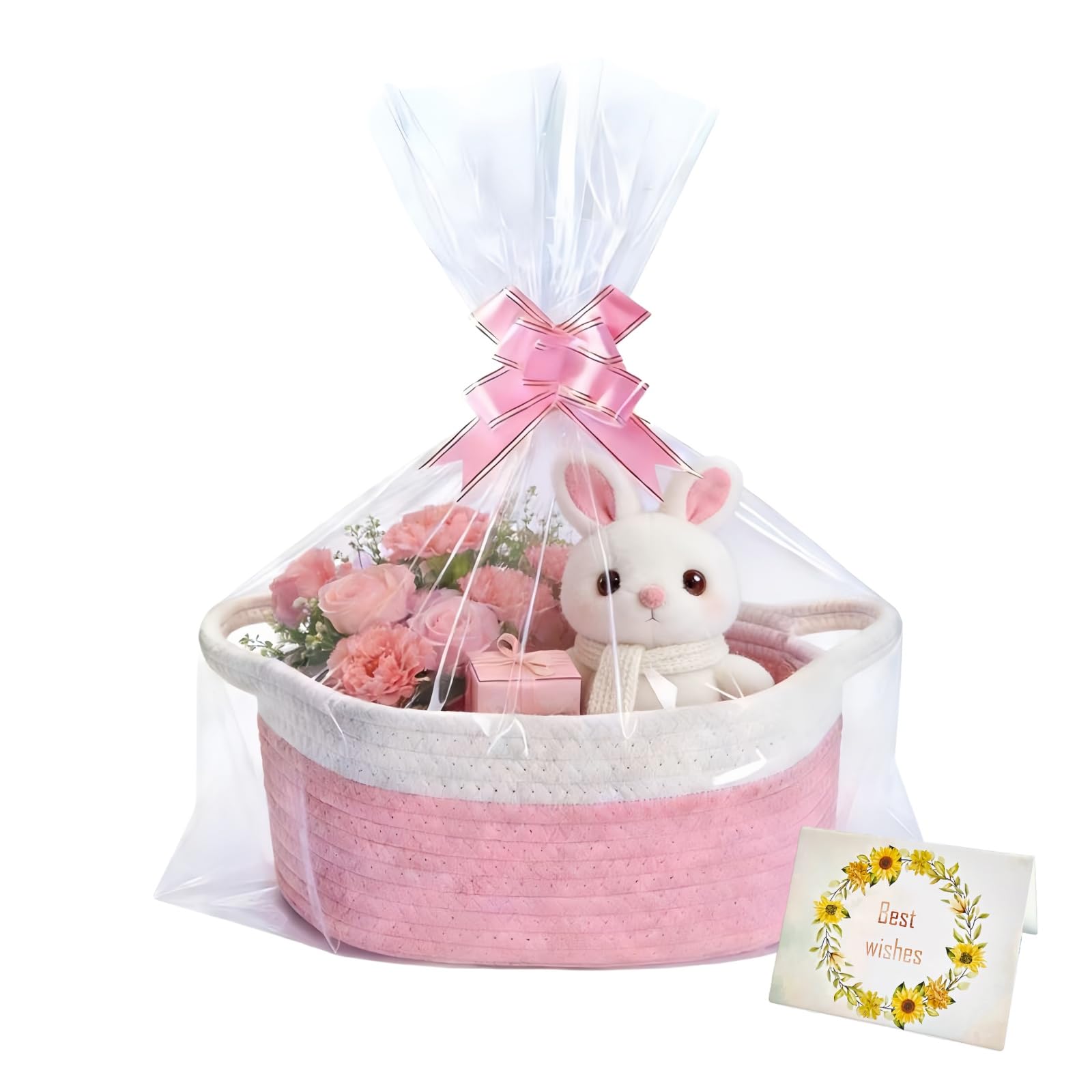 Geschenkkorb Leer,Geflochten Korb für Geschenke mit Geschenktüten Bänder und Grußkarte,Baumwollseilweberei Präsentkorb Leer mit Henkel,Aufbewahrungskorb für Geburtstag,Hochzeit,Babyparty (Rosa)
