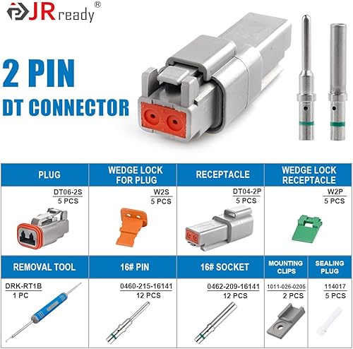 Miniatura 2 de JRready Deutsch Connector Kits de conectores de 2 pines con 16 contactos sólidos (14-20AWG), ST6328-2 Serie DT Conector impermeable 2 pines 5 juegos
