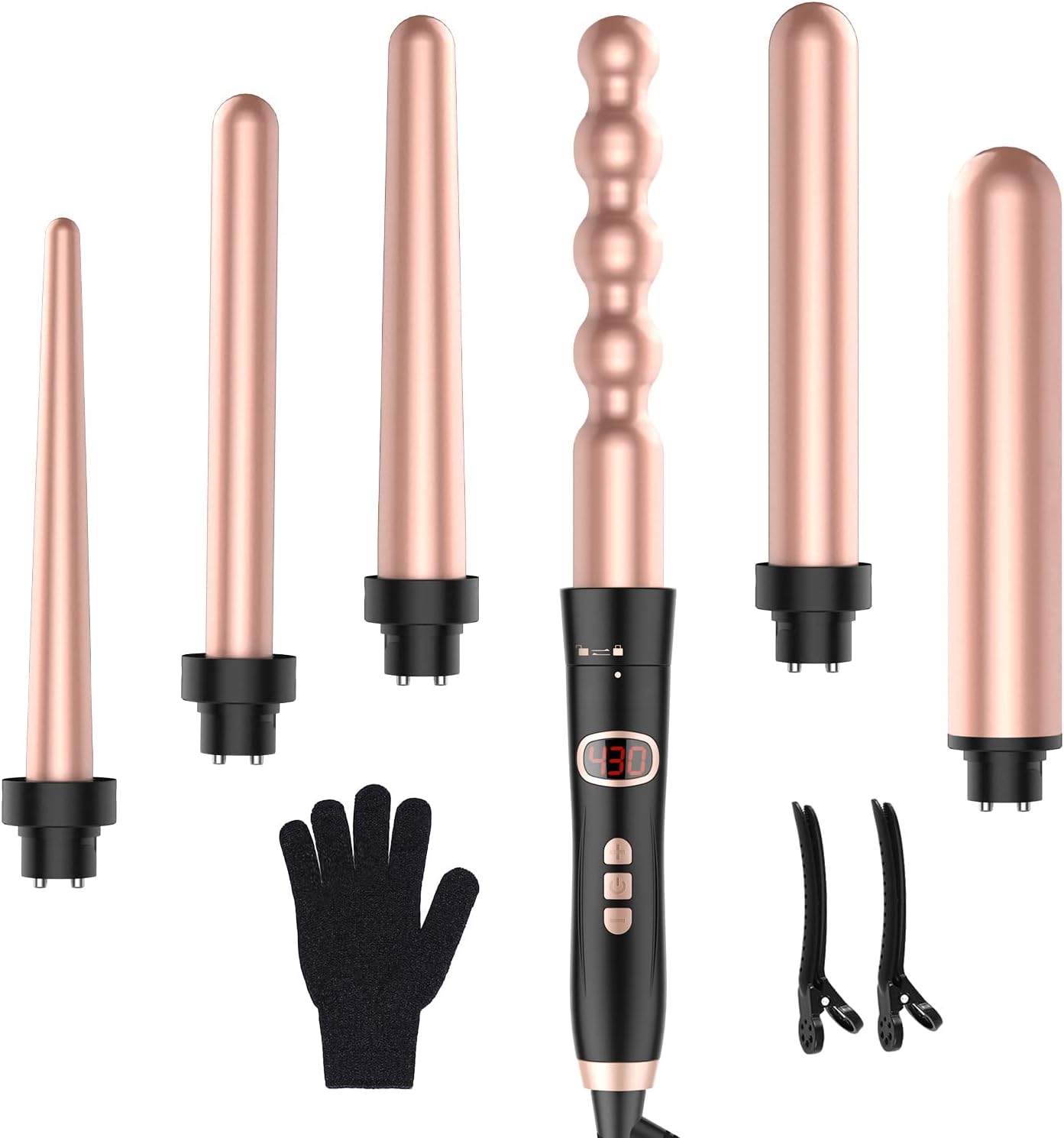 Curling Iron 6 in 1 Curling Wand Set Instant Heating Up Hair Wands Curler with 6 LED Temperature Adjustment, Heat Protective Glove & 2 Hair Clips, Rose Golden, 0.5'' to 1.25''