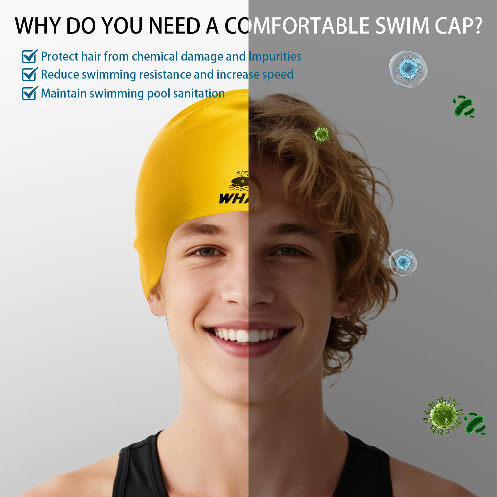 WHALE Bonnet de bain en silicone imperméable, avec protection des oreilles, antidérapant, haute élasticité, garde les cheveux au sec, unisexe, grande taille, convient aux cheveux longs, bouclés et
