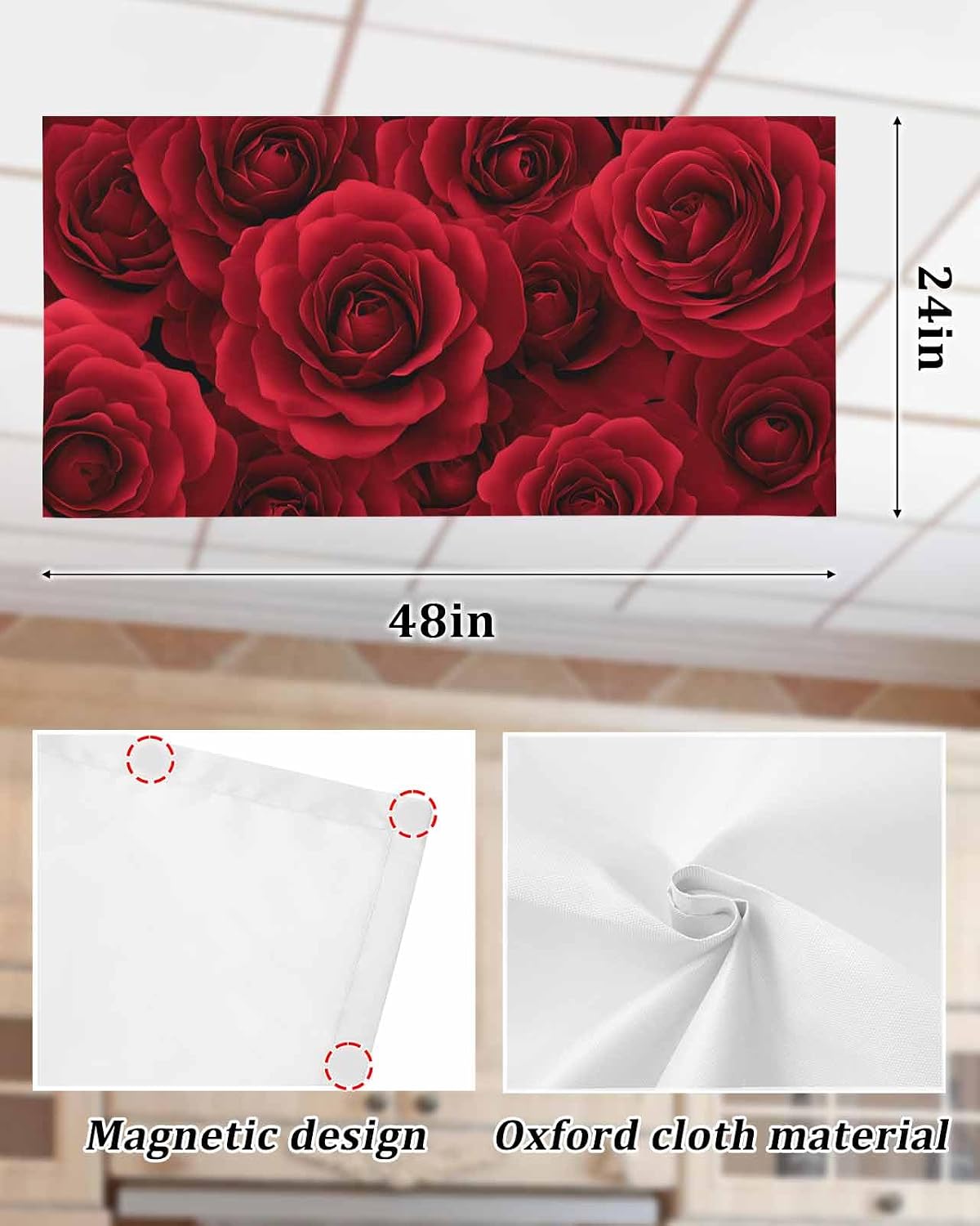 Valentine's Day Fluorescent Light Covers for Ceiling Lights Red Rose Flower Magnetic Light Filters 4 Pack 4x2 ft Romantic Ceiling Light Cover for Classroom Office School Home Drop Lamp Decor