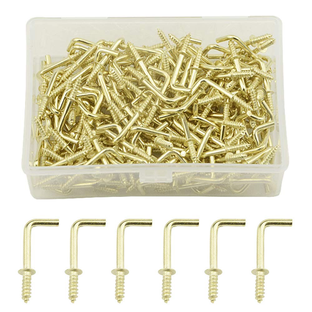 100PCS 5/8Inch Gold Copper Plated Right-Angle Hook Self-Tapping Screw Hook L Shape Hooks Screw-in Square Bend Hooks