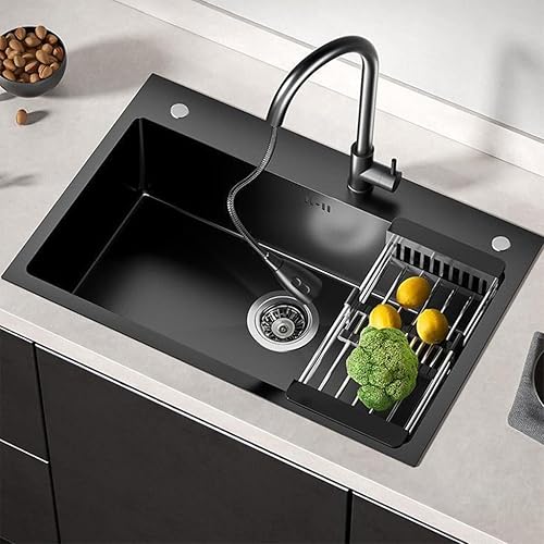 Miniatura 10 de Fregadero de cocina negro con caída en el fregadero de acero inoxidable con 3 agujeros, fregadero de estación de trabajo de montaje superior, lavabo
