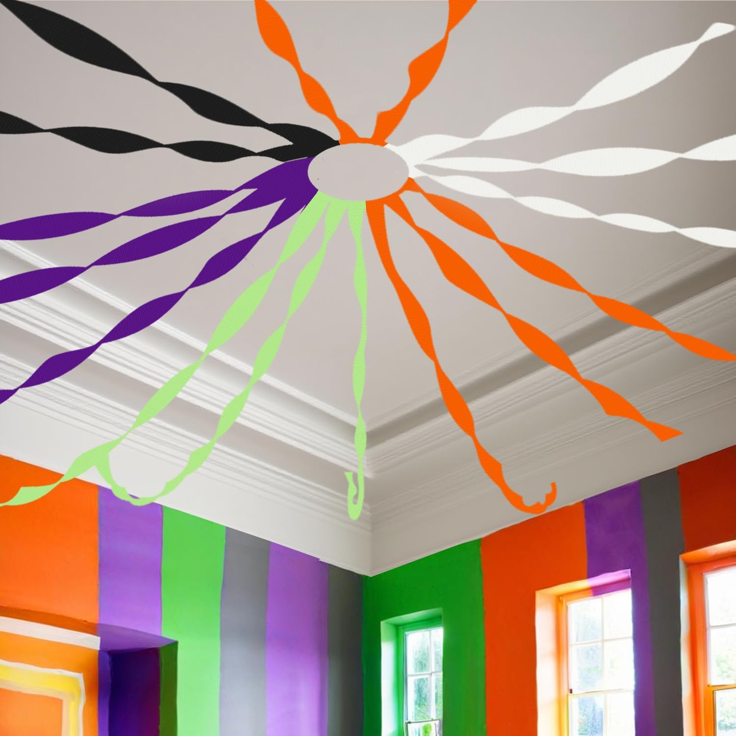 6 Crepe Paper Streamers Rolls, 492ft Black Orange Purple Green and White Streamers Party Supplies for Halloween Theme Horror Party Birthday Wedding Backdrop Decorations (1.8 inch x 82 ft/Roll)