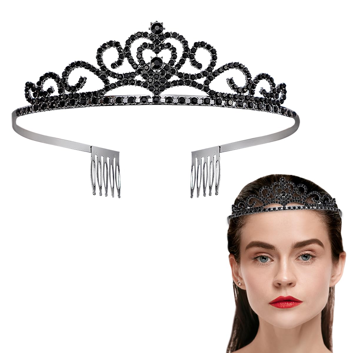 FERCAISH Tiara de cristal con peine para el pelo, Corona Nupcial Princesas, Diadema para boda, fiesta de cumpleaños, boda, desfile de graduación, color negro, 11,9*3.2cm, Diamante falso, Brillantes.