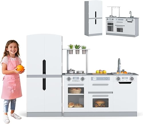 Costzon Juego de cocina para niños, juego modular de madera de 2 piezas con agua corriente, sonido y luz, nevera, lavavajillas, microondas, horno,