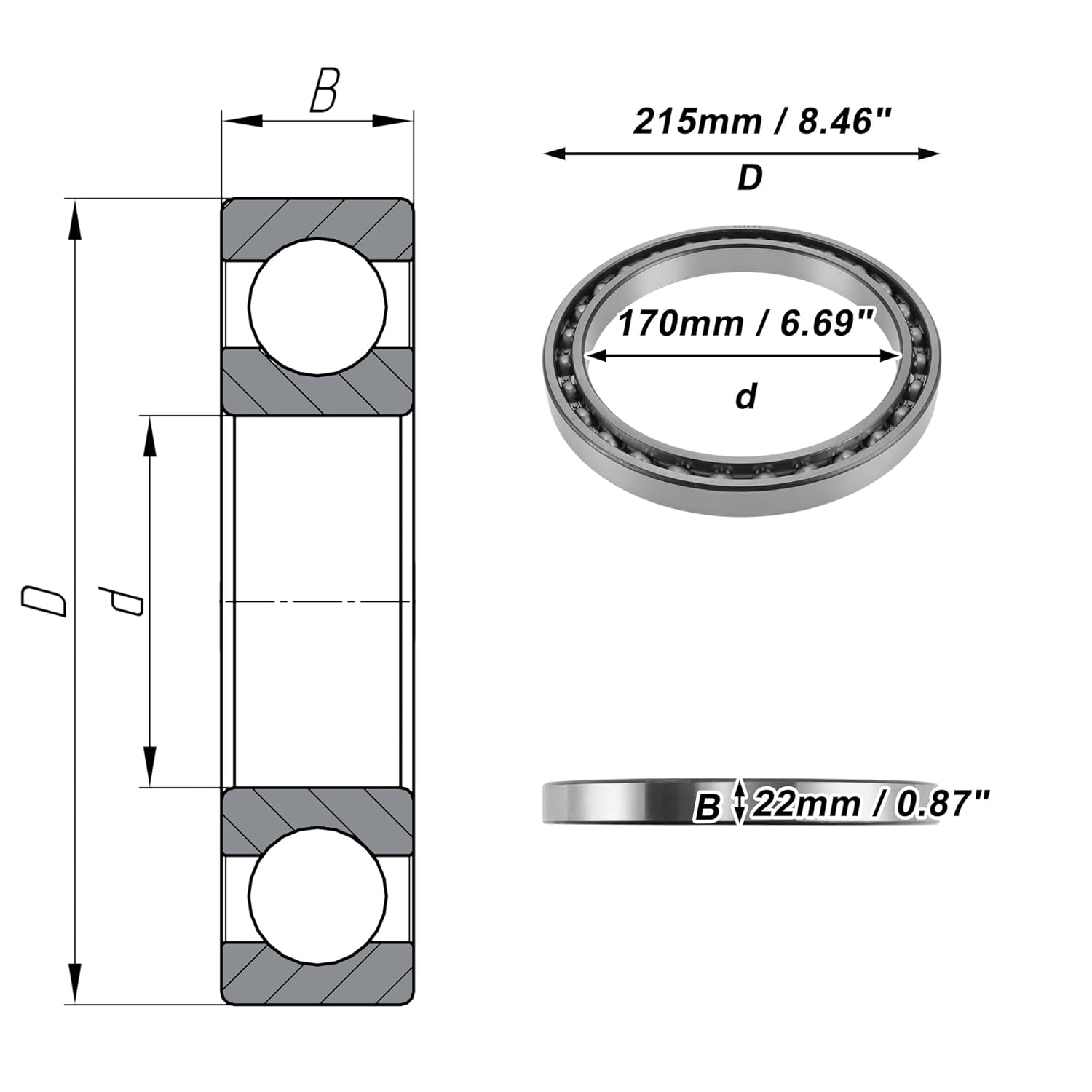 ACROPIX 6834 Deep Groove Ball Bearings 170x215x22mm P5 Open Type Lubricated Bearings 1 Pc Car Scooter Skateboard Wheel Universal Silver Tone