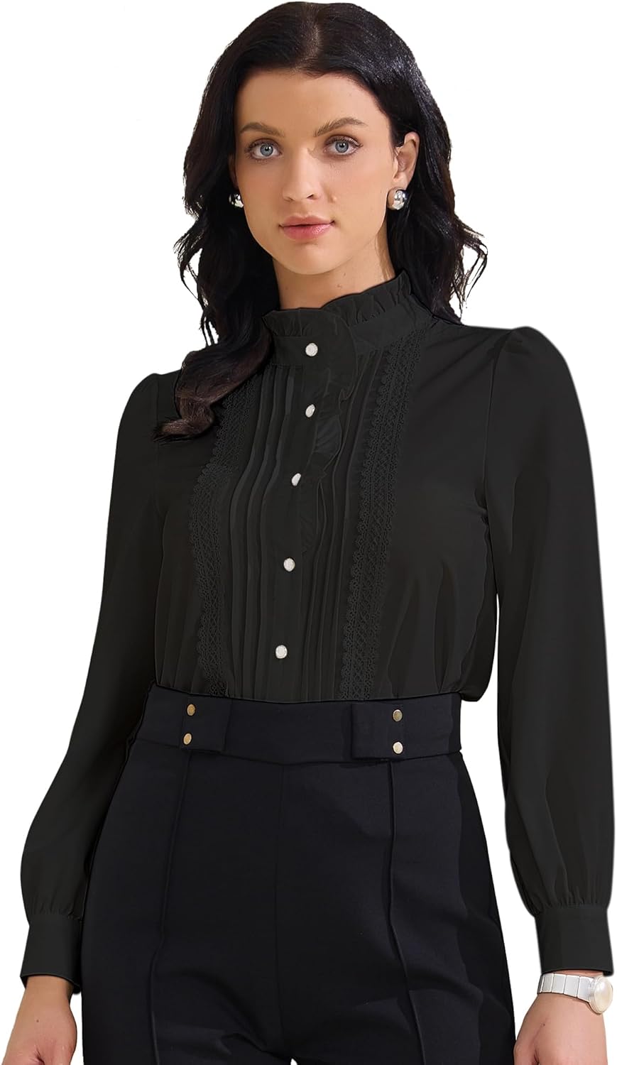 Allegra K Women's Ruffled Button Down Shirts Trendy Casual Long Sleeve Blouse Elegant Work Tops