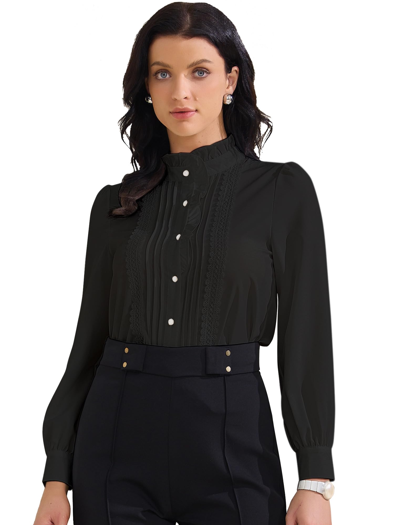 Allegra K Camicetta da donna retrò con volant, con bottoni, casual, a maniche lunghe, elegante, da lavoro