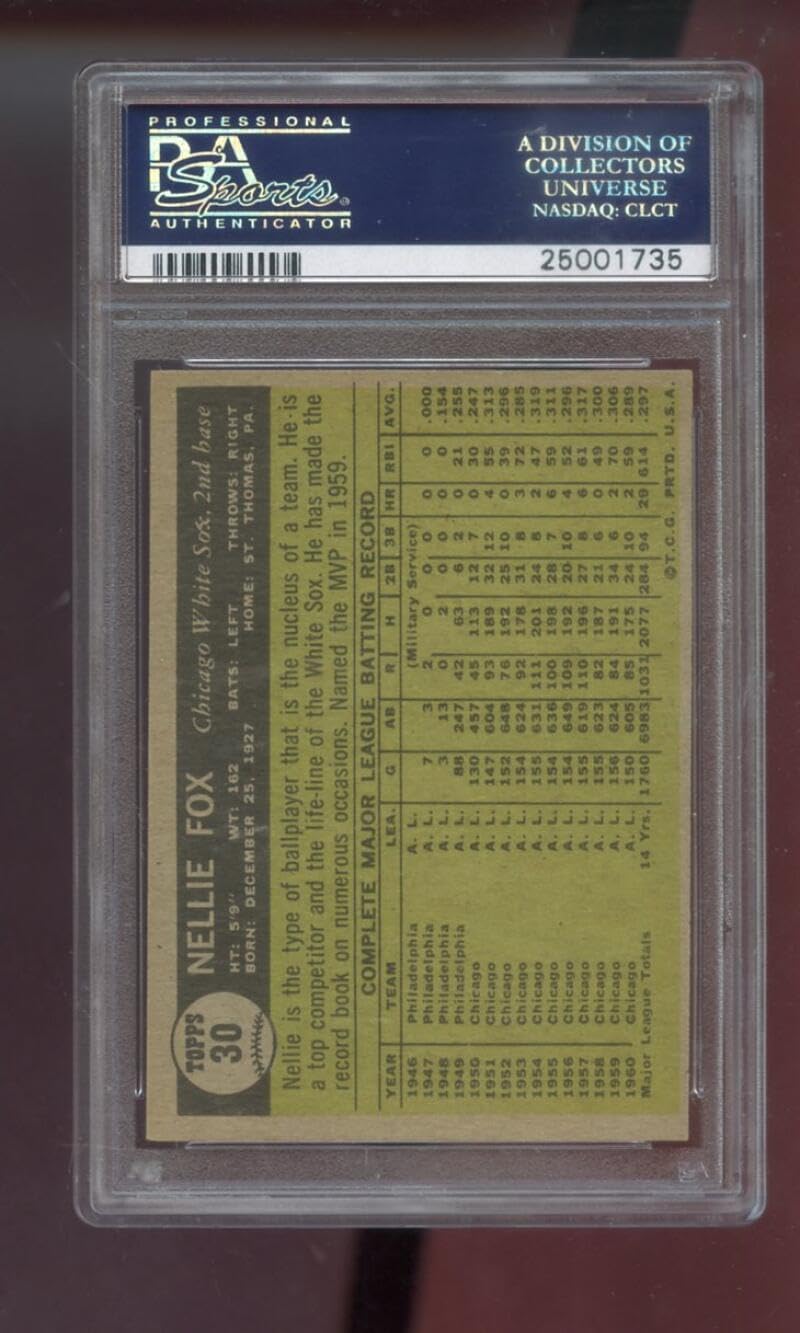 1961 Topps #30 Nellie Fox Chicago White Sox PSA 6 Graded Baseball Card MLB