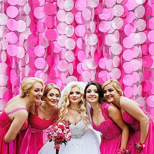 Image of 205Ft Hot Pink Party Decorations Big Polka Dots Backdrop Garland Rose Pink Circle Dots Tissue Paper Hanging Curtain Streamer for Bachelorette Birthday Bridal Shower Wedding Engagement Party Supplies