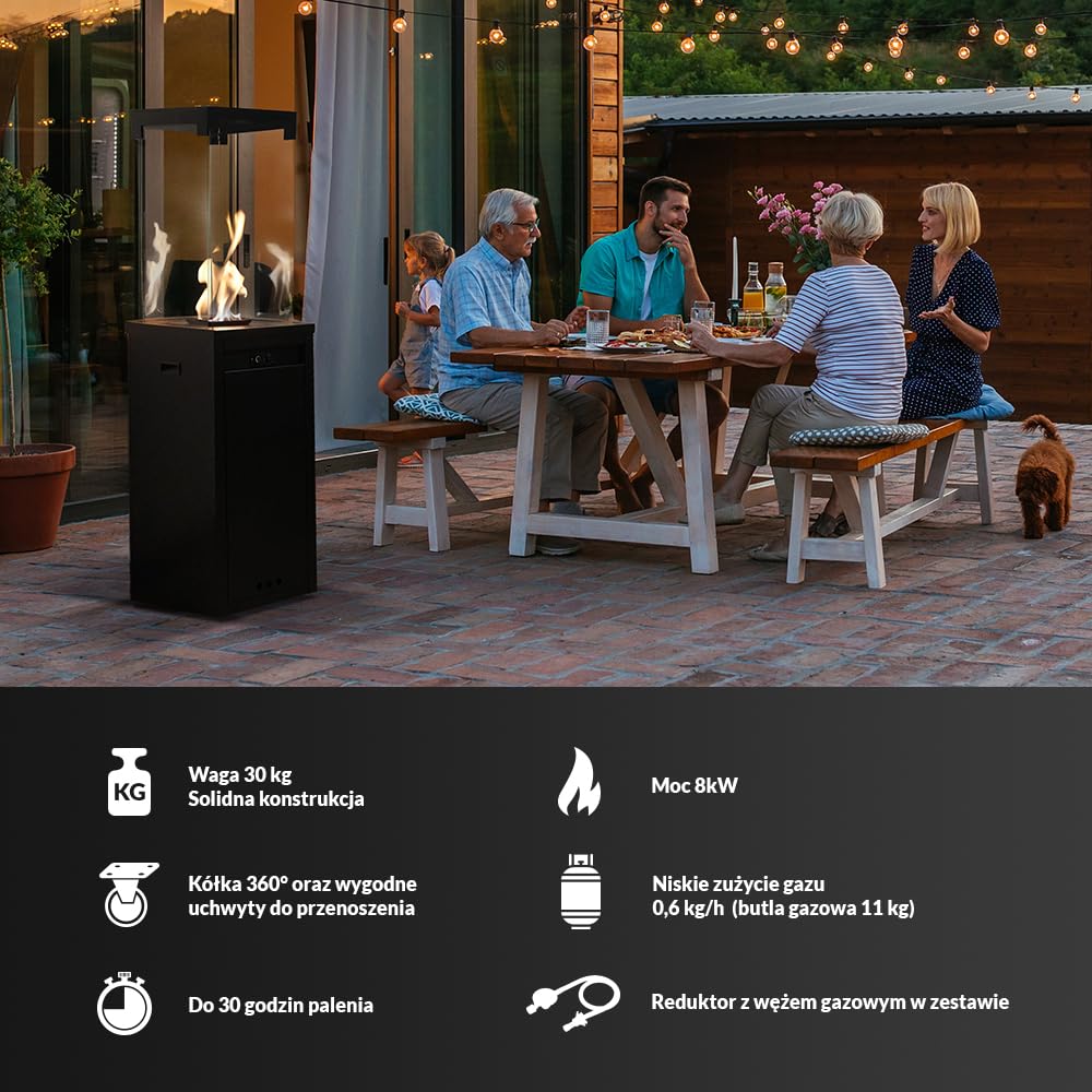 KRATKI tarasowy ogrzewacz gazowy Patio Light czarny 8,2 kW - Propan G31/37mbar - wydajny ogrzewacz zewnętrzny - łatwe sterowanie - kominek ogrodowy - zestaw z wężem i reduktorem