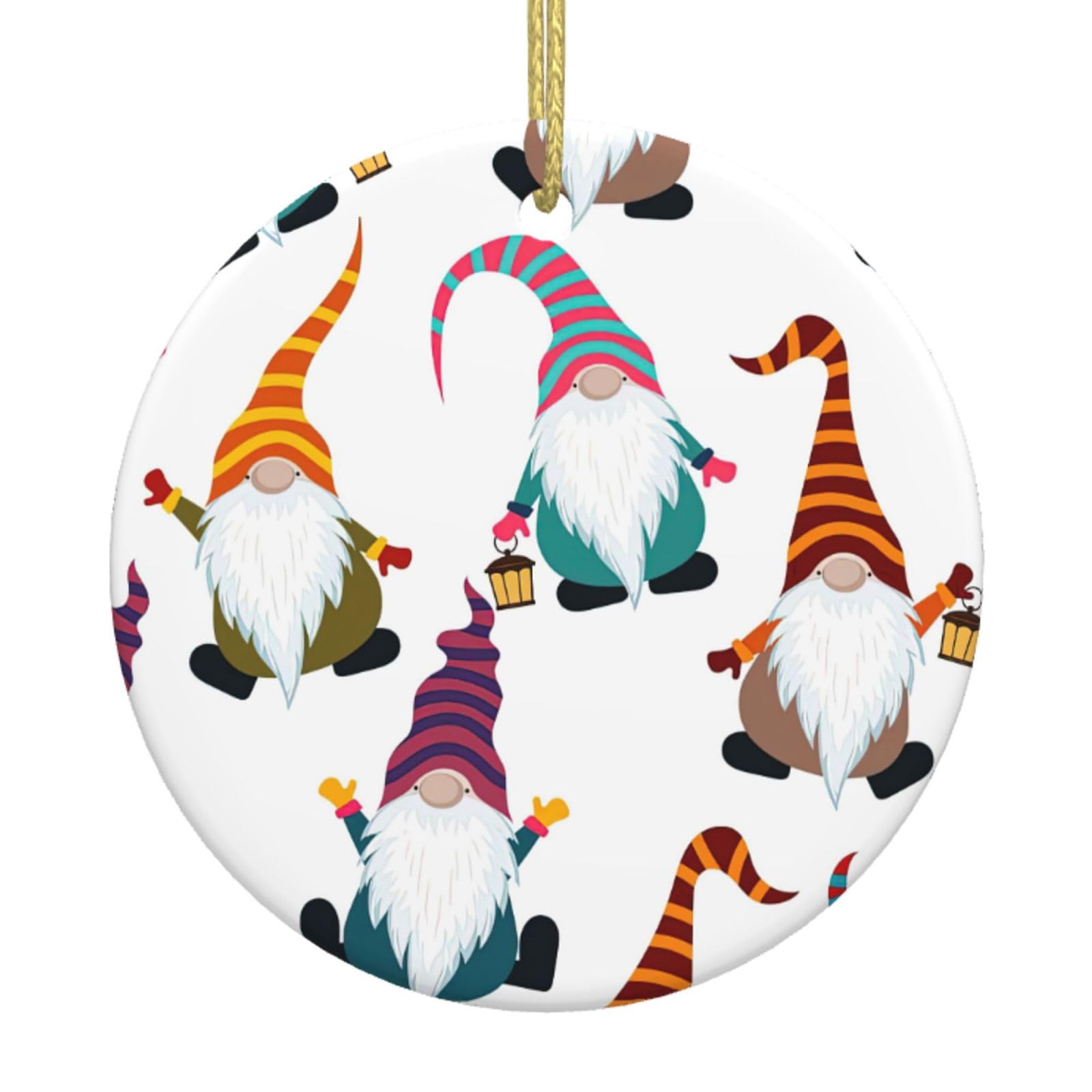 Xmas Funny Gnomes Print Christmas Ornaments, Ceramic Hanging Ornament, Round Shape Decorations