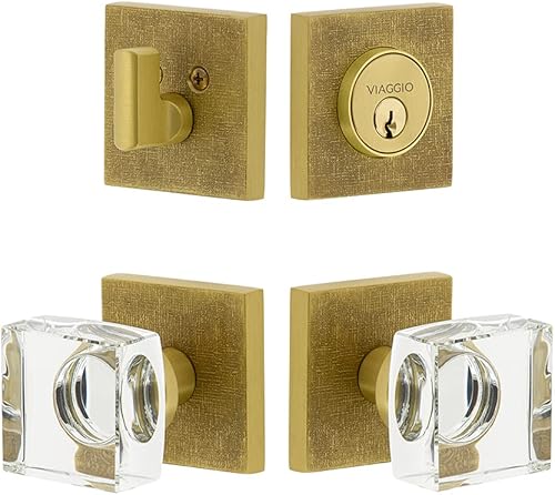 Viaggio 628750 Pomo de cristal cuadrado, roseta de lino de latón satinado y cerrojo a juego, fondo 2-38"