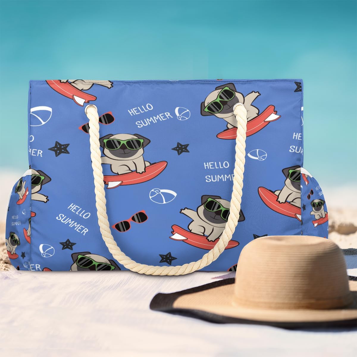 Dog Surfing Glasses Beach Bag for Women Waterproof Sandproof Tote with Zipper Cotton Rope Handles for Travel Pool Gym Shopping