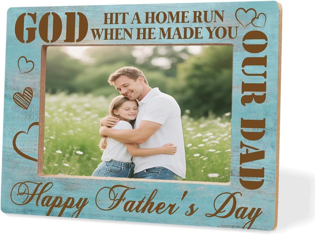 Dad Wooden Photo Frame God Hit A Home Run When He Made You Our Dad Unique Father Birthday Gift Beautiful Table Decoration Photo Frame For Home Office Thanksgiving & Christmas Gift 8 x 6 Inches