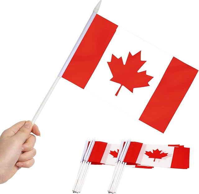 Canada Stick Flag, ANLEY Canadian 5x8 inch (12 X 20cm) HandHeld Mini Flag With 12" (30cm) White Solid Pole - Vivid Color and Fade Resistant - 5 x 8 inch Hand Held Stick Flags With Spear Top (1 Dozen)