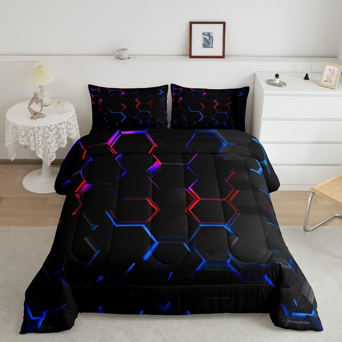 Erosebridal 3D Honeycomb Kids Comforter Full Black Red Blue Abstract Geometric Comforter Set for Teen Boys Girls Stereoscopic Hexagon Beehive Bedding Set Hexagonal Quilt Set Room Deocr