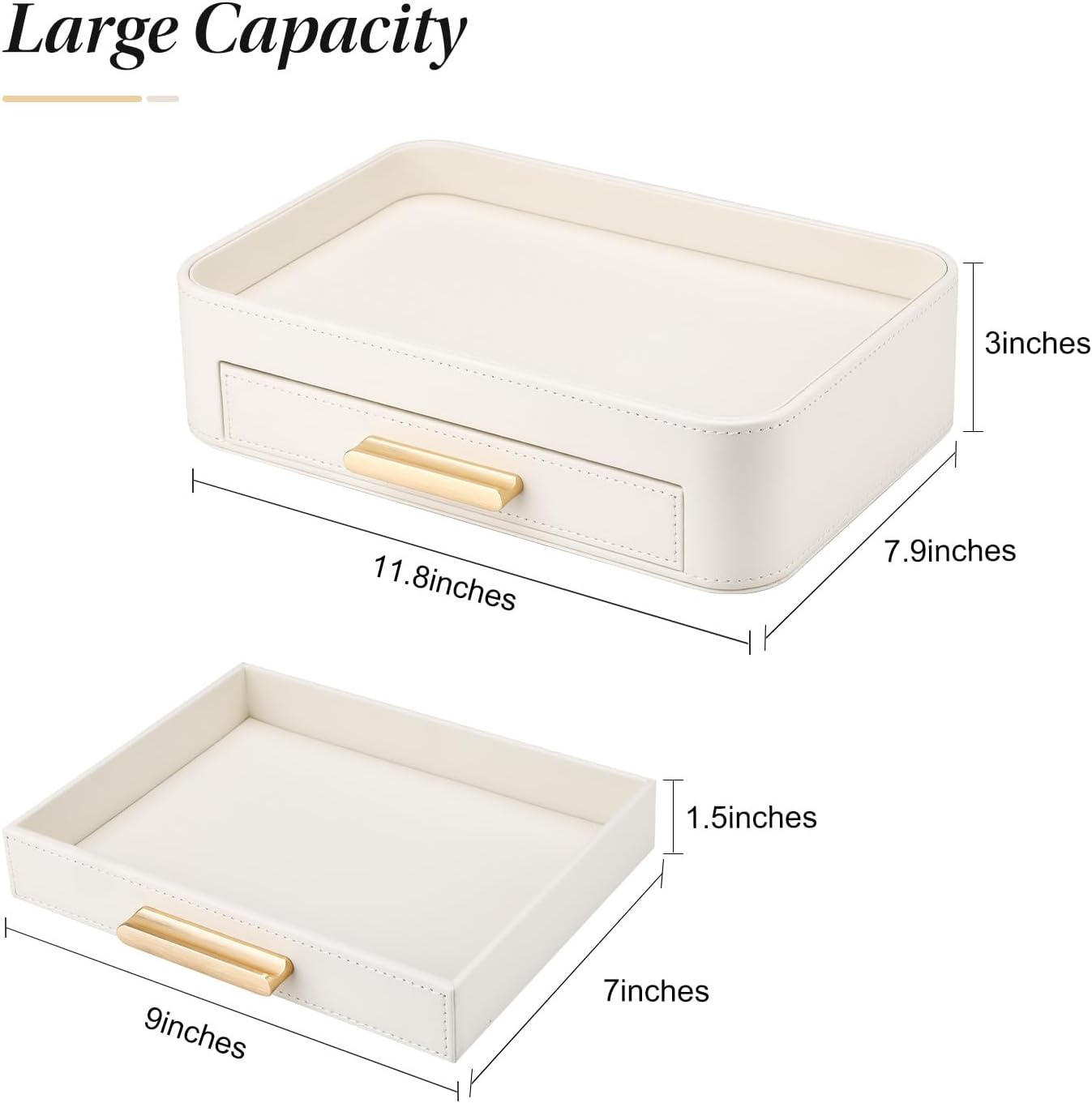 GORESE PU Leather Valet Tray with Drawer, Nightstand Organizer Catch All Tray for Jewelry Perfume Purse Trinket Key Holder, EDC Trays for Desk Vanity Entryway Table, Gift for Women Men, Cream White