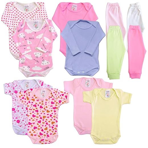 Kit 12 Peças, Body Manga Longa e Curta com Mijão, 100% Algodão, Rosa