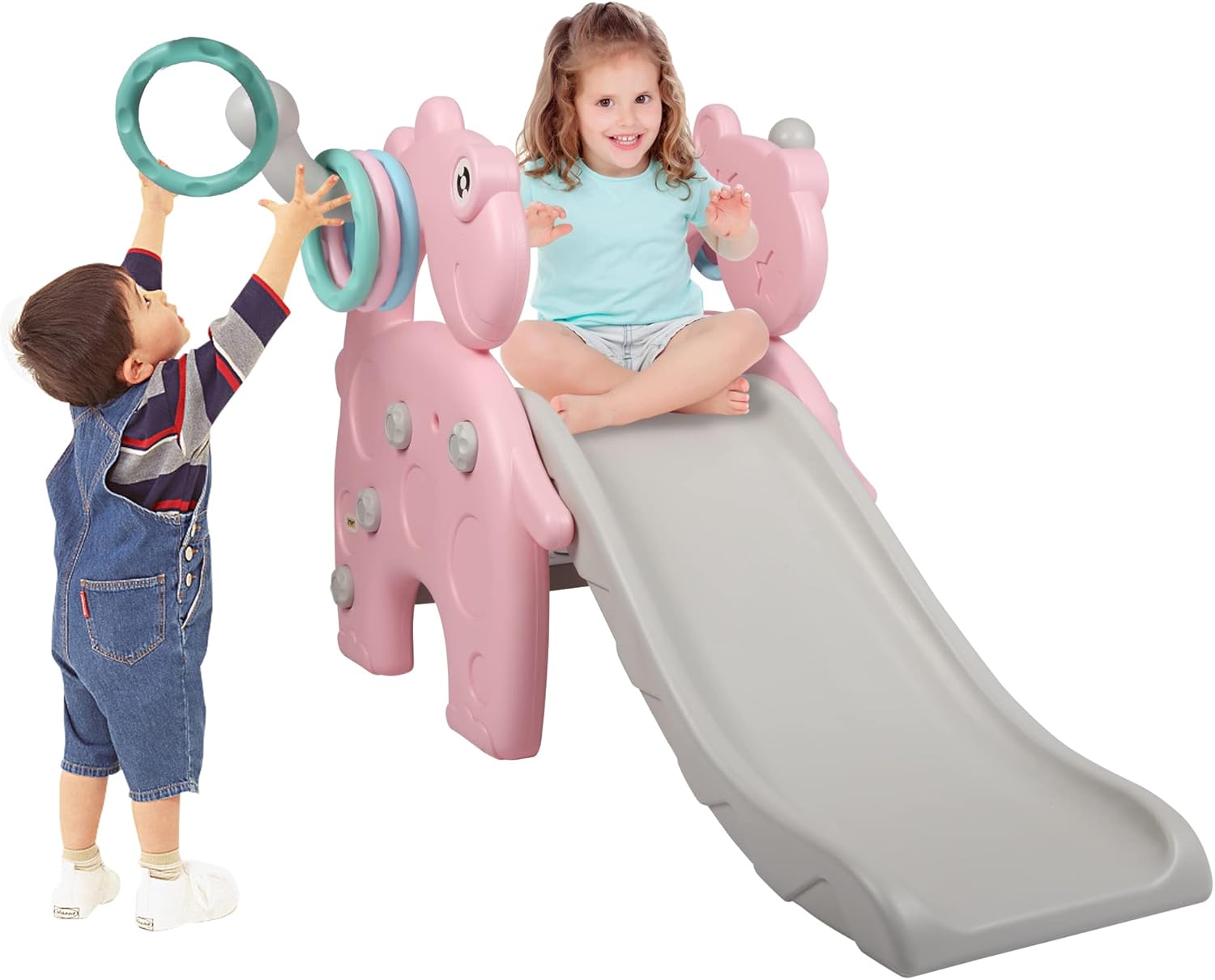 4 in 1 Kids Slide Freestanding Slider for Toddler Climber Indoor Outdoor Playset Exercise Toy Activity Center for 1-3 Years Old, with Music Basketball Hoop Ring Toss Cartoon Dinosaur Shaped