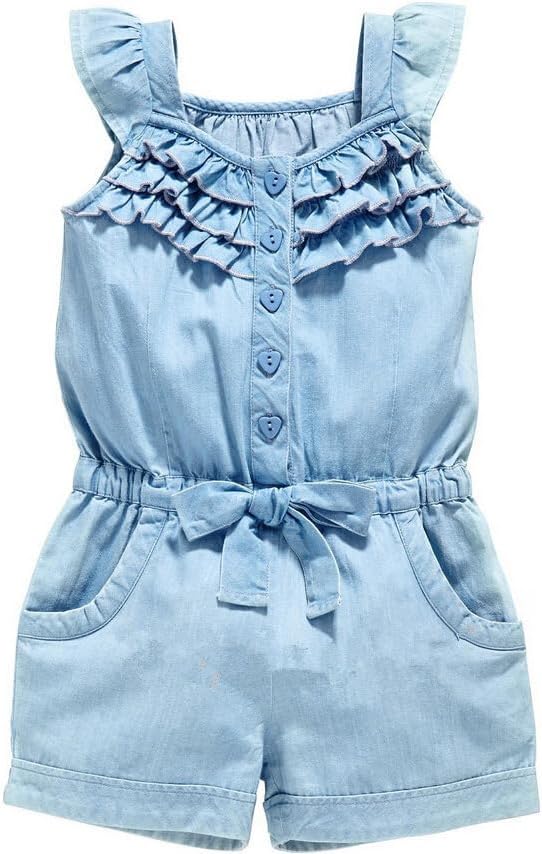 CFLONGE Girls Light Blue Denim Romper, Sleeveless Ruffle Strap Jumpsuit with Elastic Waist, Summer Cotton Playsuit