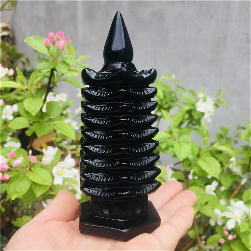 KatLin Natural Obsidian Pagoda Point Carving Wenchang Pagoda Energy and Chakra Healing Crystal Ornaments (Size : 10cm)