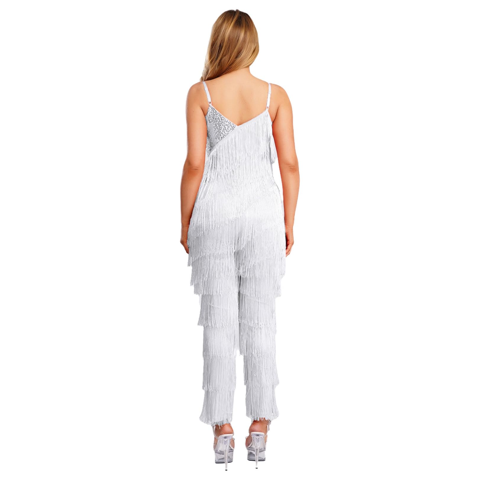 renvena Mono largo para mujer, con flecos, sin mangas, con purpurina, para bailar, competición, danza, outfi
