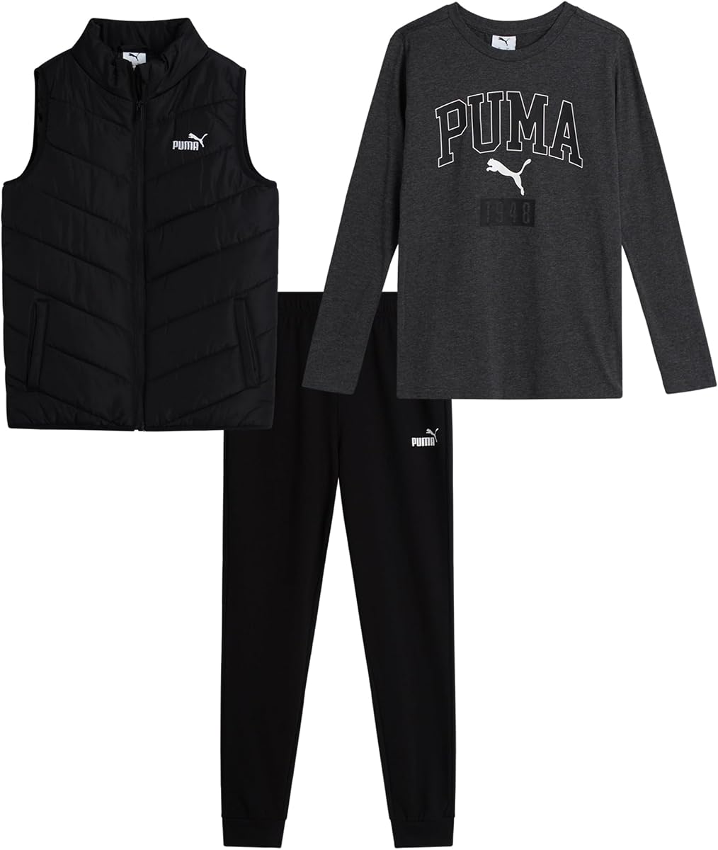 Boys 3 Piece Zip Vest Long Sleeve Tee & Fleece Jogger Pants Set (8-16) | Warm Layered Comfort, Soft Athletic Fit, Great for School, Sports & Everyday Play, Easy Machine Wash
