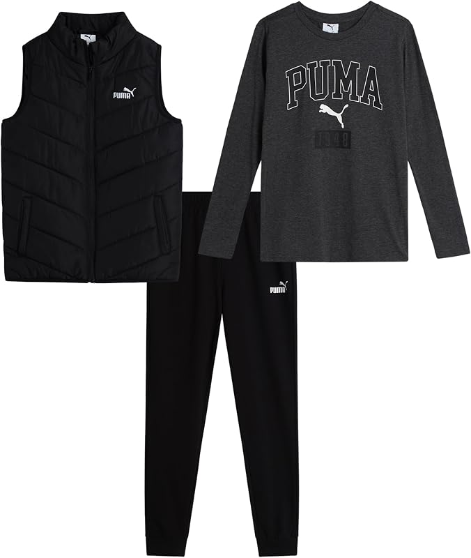 Boys 3 Piece Zip Vest Long Sleeve Tee & Fleece Jogger Pants Set (8-16) | Warm Layered Comfort, Soft Athletic Fit, Great for School, Sports & Everyday Play, Easy Machine Wash