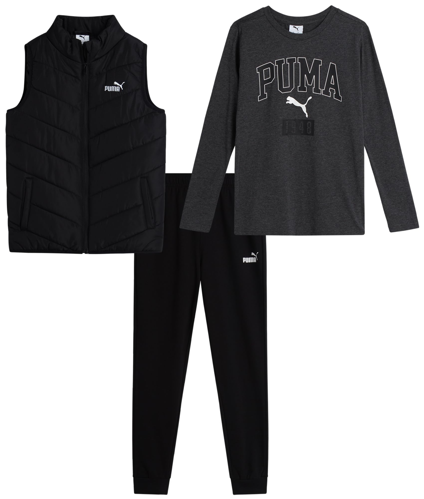 Boys 3 Piece Zip Vest Long Sleeve Tee & Fleece Jogger Pants Set (8-16)