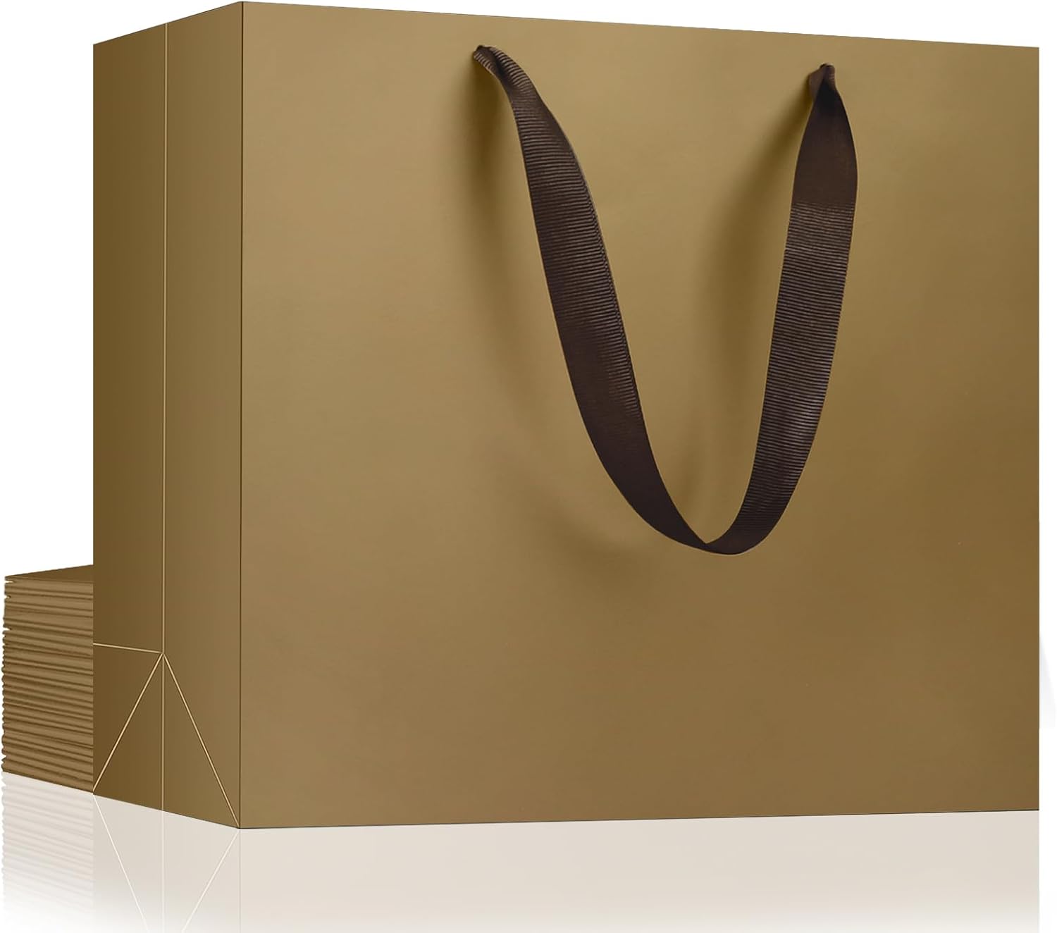 EUSOAR Gift Bags Brown Gold - Pack of 10 230 GSM Golden Kraft Paper Bags with Handle - Landscape Medium Gift Bags M 27 x 8 x 21 cm - Gift Bag Anniversary Party