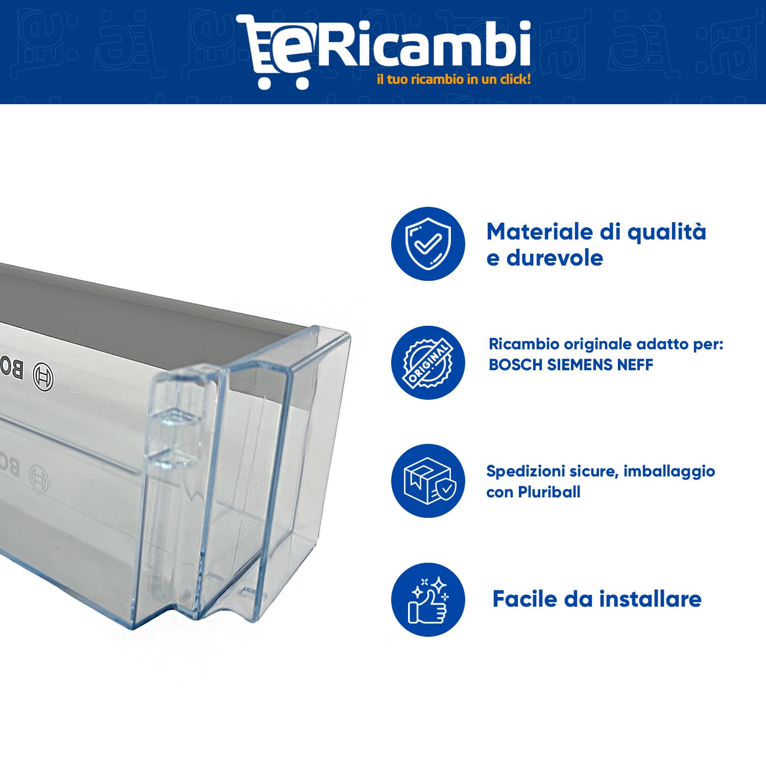 eRicambi® Mensola Balconcino Ripiano Bottiglie Inferiore per Frigorifero, Compatibile con Bosch, Dimensioni: 436x113x100 (mm) Per Modelli: KIL22 KIN86 KIR21 KIV67