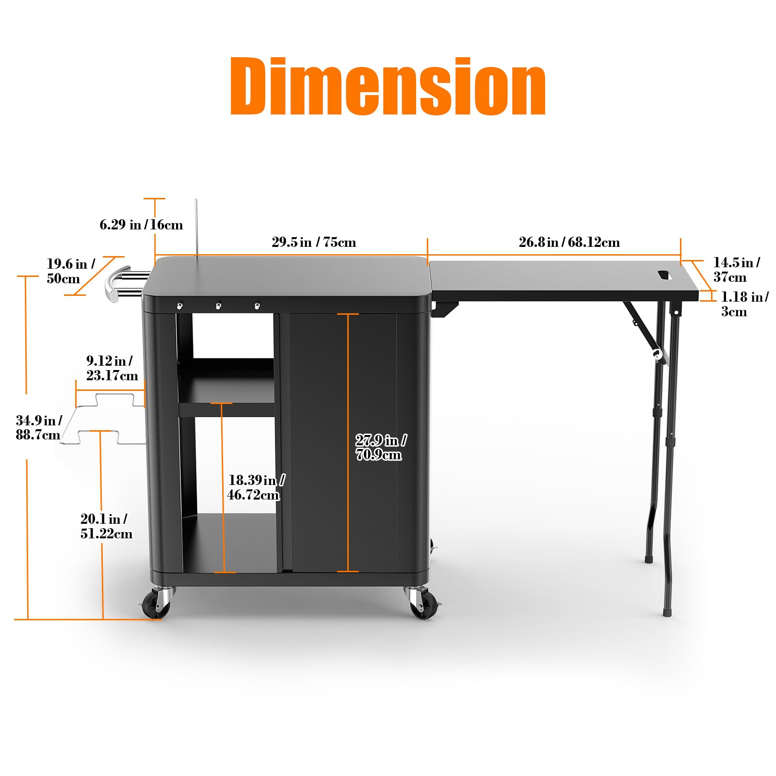 GFTIME Carro de barbacoa, mesa de barbacoa con mesa auxiliar plegable, cocina al aire libre con ganchos, estante de almacenamiento y armario, carrito de servir con ruedas, cocinas al aire libre, 143 x