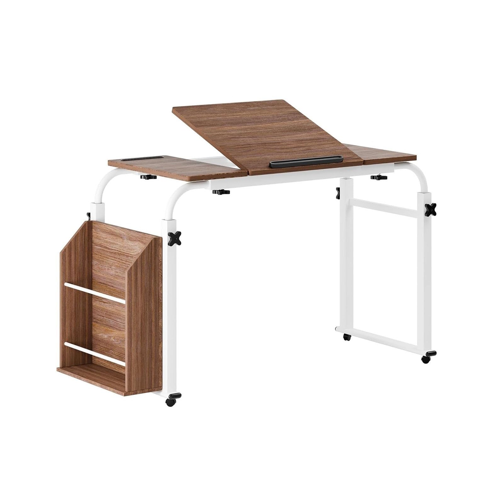 JOUFNING Wide Desktop Over Bed Table, Adjustable Tilt Sofa Bed Table, Overbed Table with 360 Degree Wheels, Side Bookshelf, for Working Reading Eating(80cm)