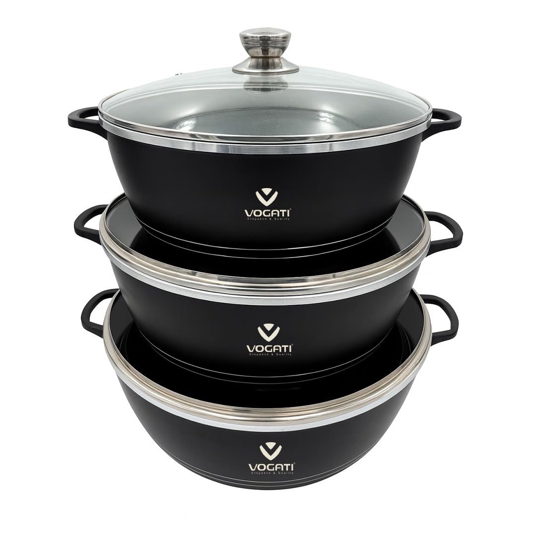 VOGATI 6Pcs Black Titanium Granite Cookware Set with Lids – 32cm, 36cm, 40cm Large Casserole Pots, 100% PFOA Free, Large Non-Stick Pots, Cooking Pot Set for Kitchen & Non Stick Sets for Cooking