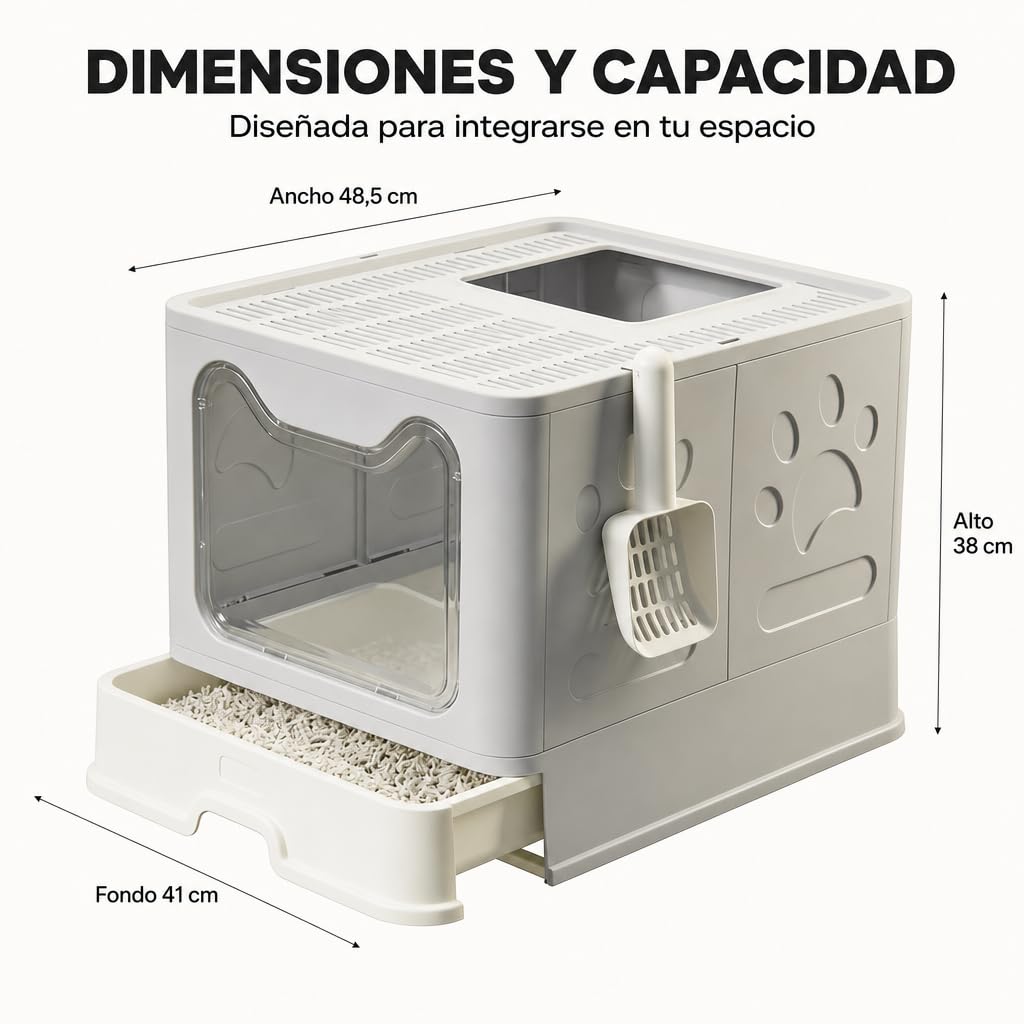 Arenero para Gatos Cerrado con Cajón Extraíble y Doble Entrada – Bandeja Higiénica con Tapa, Puerta Transparente, Entrada Superior con Rejilla Filtrante y Pala Incluida, Anti-Olor, Fácil Limpieza