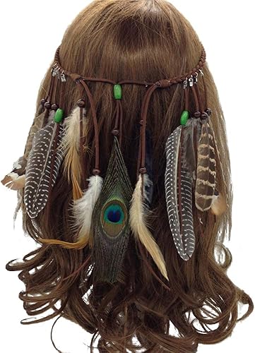 Diadema de plumas hippie indio bohemio para el cabello, con borla, tocado bohemio para mujeres y niñas, diadema para el cabello, bandas para el