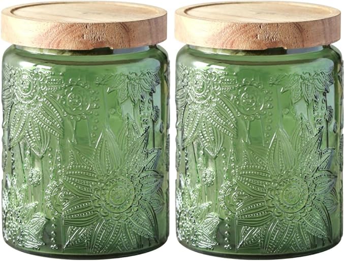 Glass Jar with Lid, Vintage Glass Storage Jars with Airtight Lid Coffee Canister Sugar Container for Kitchen Counter Pantry, Flour, Candy, Tea, Coffee Beans, Oats (Sunflower Green*2)