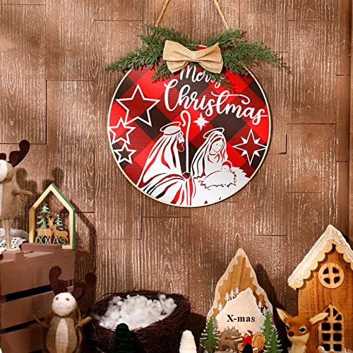 Christmas Wreaths For Front Door, Nativity Scene Christmas Door Sign Decorations Merry Christmas Wooden Hanging Sign Wall Decor Jesus Xmas Red Buffalo Plaid Welcome Sign #TOP3