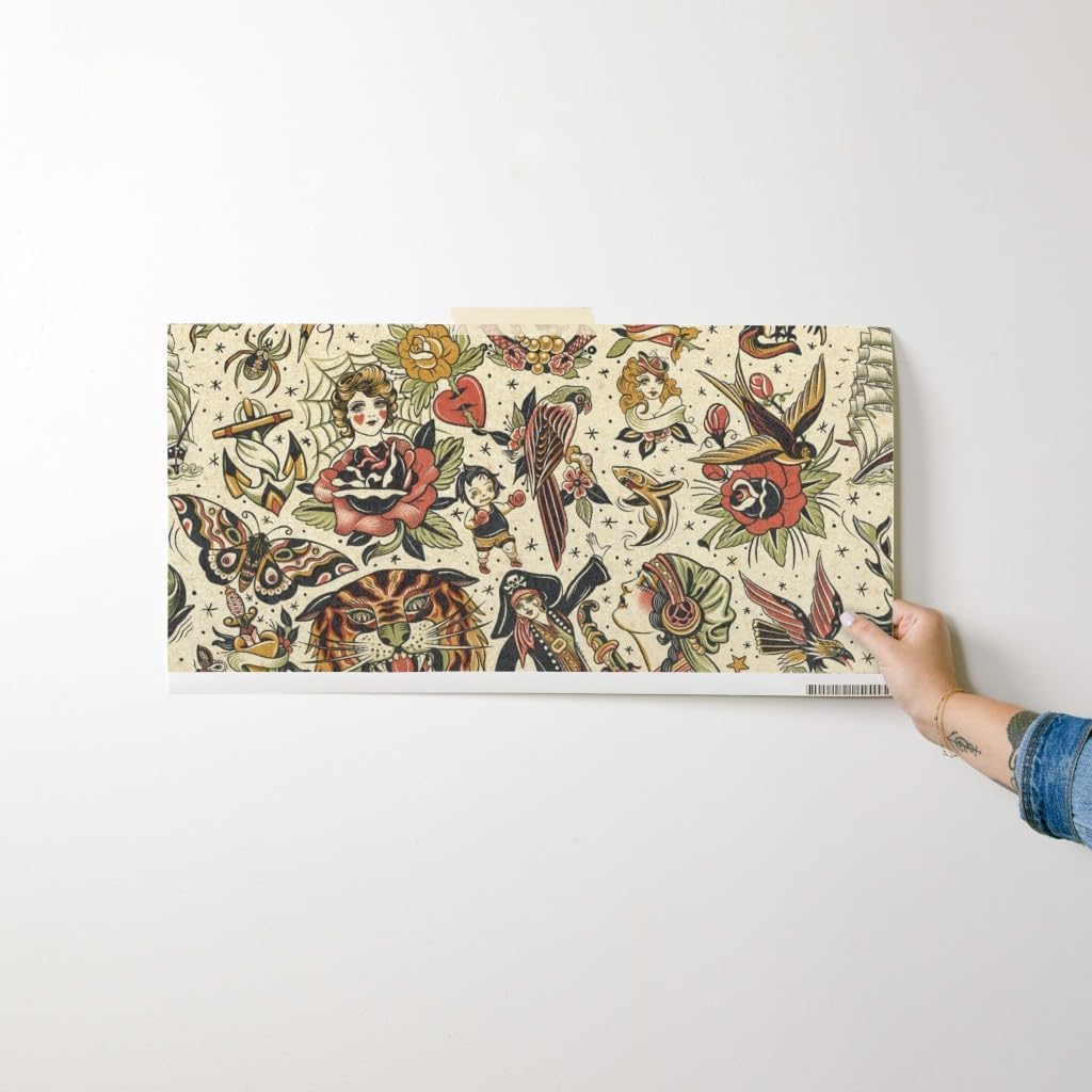 Spoonflower Removable Wallpaper Swatch - Retro Tattoos Vintage Style Art Traditional Neutral Nautical Exotic Tiger Rose Sailor Butterfly Custom Pre-Pasted Wallpaper