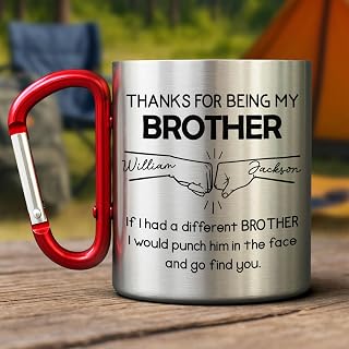 Wrappiness Thanks For Being My Brother Personalized Carabiner Mug – Custom 10oz Stainless Steel Hiking Travel Mug with Handle - Gift for Brother Camping Adventure Gear